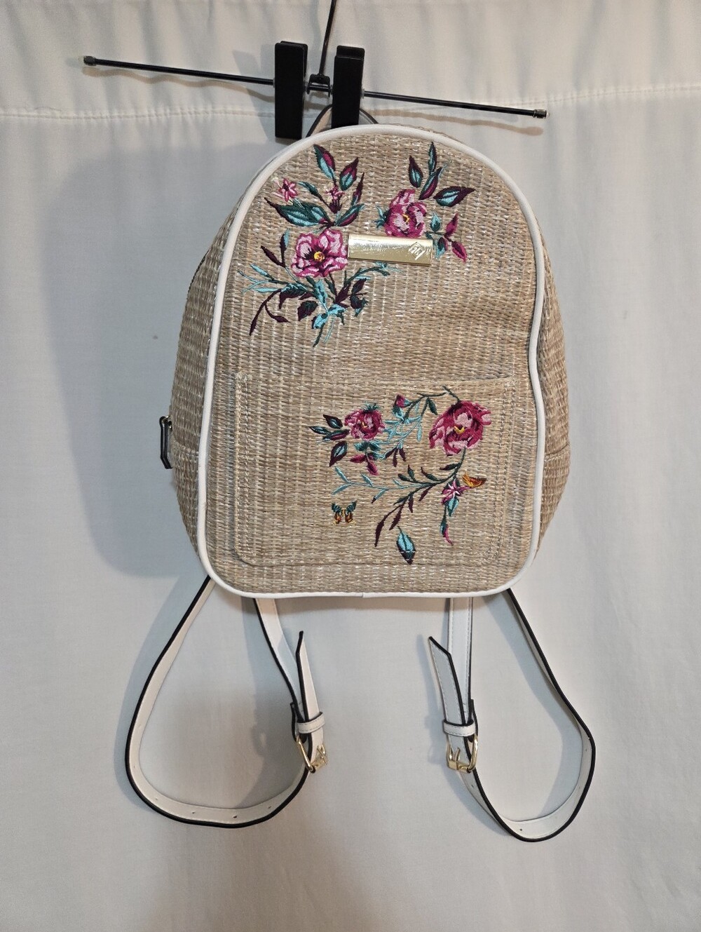 Call It Spring Embroidered Straw-effect Mini Backpack - Pink Floral